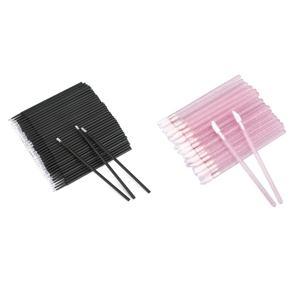 G2PLUS 100PCS Glitter Crystal Lip Brush, Disposable Lip Brushes, 100pcs Cotton Swabs for Makeup, Black Microswabs for Eyelash Extensions