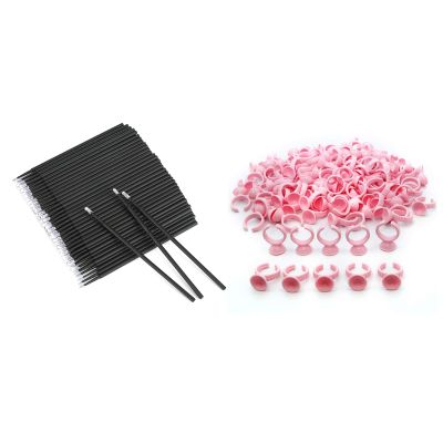 G2PLUS 100PCS Pink Disposable Plastic Nail Art Tattoo Glue Rings Holder, 100pcs Cotton Swabs for Makeup, Black Microswabs for Eyelash Extensions