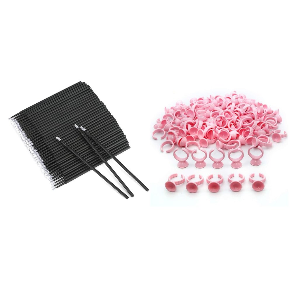 G2PLUS 100PCS Pink Disposable Plastic Nail Art Tattoo Glue Rings Holder, 100pcs Cotton Swabs for Makeup, Black Microswabs for Eyelash Extensions