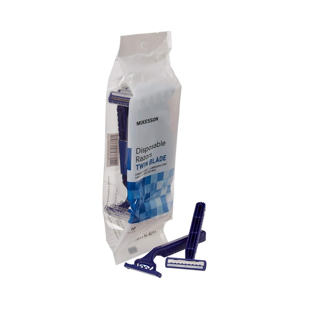 McKesson Disposable Razors, Stainless Steel Twin Blade, Lubricated Strip, Ribbed Handle, Blue, 10 Count, 12 Packs, 120 Total