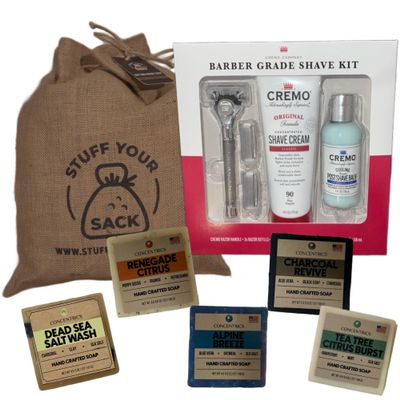 Men's Shaving Kit and Care Package Gift Set for Him with Handmade Soap and Barber Tools by Stuff Your Sack