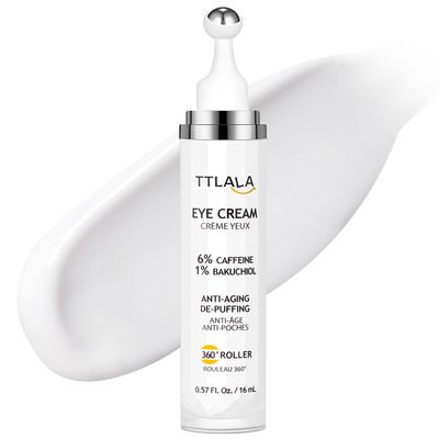 TTLALA Eye Cream with 6% High-purity Caffeine & 1% Bakuchiol, Under Eye Cream for Dark Circles, Puffiness, Fine Lines, Anti Aging, Wrinkles, Eye Bags Treatment for Women & Men with 360 Roller, 0.57oz