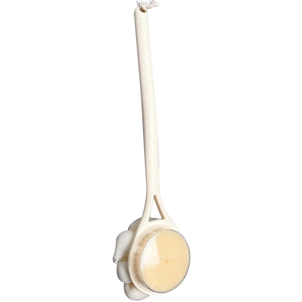 2-in-1 Shower Brush with Bath Flower Ball, Comfortable Nylon Soft Bristle Body Scrubber, Long Handle Back Washer with Hanging Rope, Clean and Relax(Milky White)