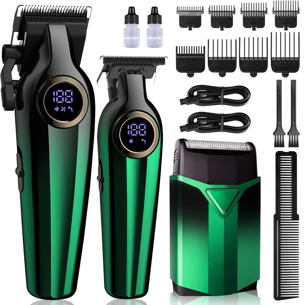 BILLAR Hair Clippers for Men with Beard Trimmer, Professional Clippers & Beard Trimmers Set, Electric Razor Shavers for Men, Cordless Mens Grooming Kit for Nose, Face, Hair (Green)