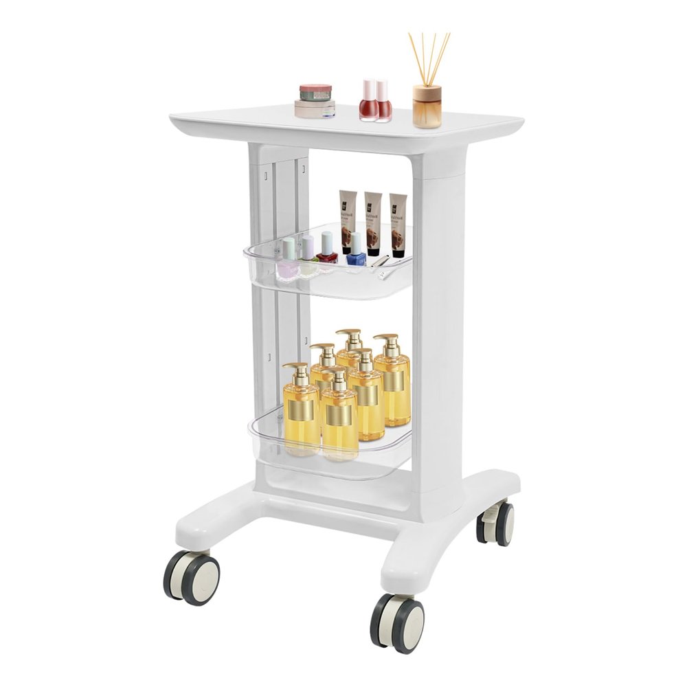 3-Tier Rolling Salon Cart with Wheels | ABS Beauty Storage Trolley with 2 Baskets & Instrument Tray - Professional Storage Cart for Spa, Clinic & Salon