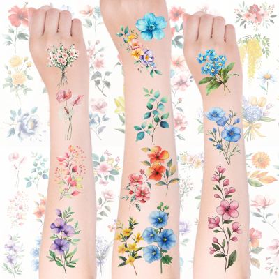 10 Sheets Wildflower Flower Pre-Cut Temporary Tattoos for Women Adult Realistic 3D Small Floral Sticker Set for Spring/Summer Party Decor Birthday Favors Long-Lasting Fake Tattoos