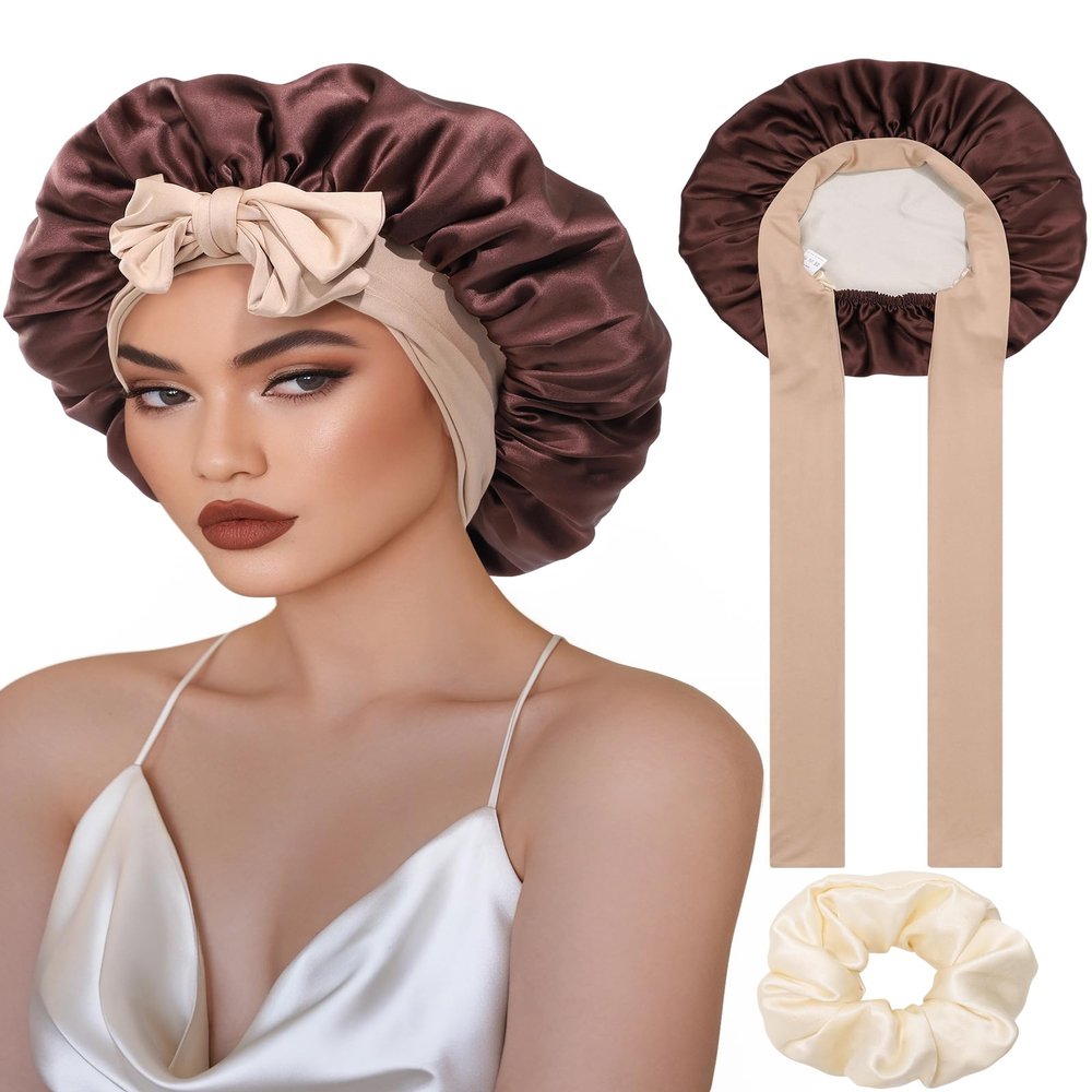 100% Mulberry Silk Bonnet Reversible Hair Bonnet for Women Elastic Tie Band Hair Wrap for Sleeping with Silk Hair Scrunchy(Dark Brown+Light Champagne)
