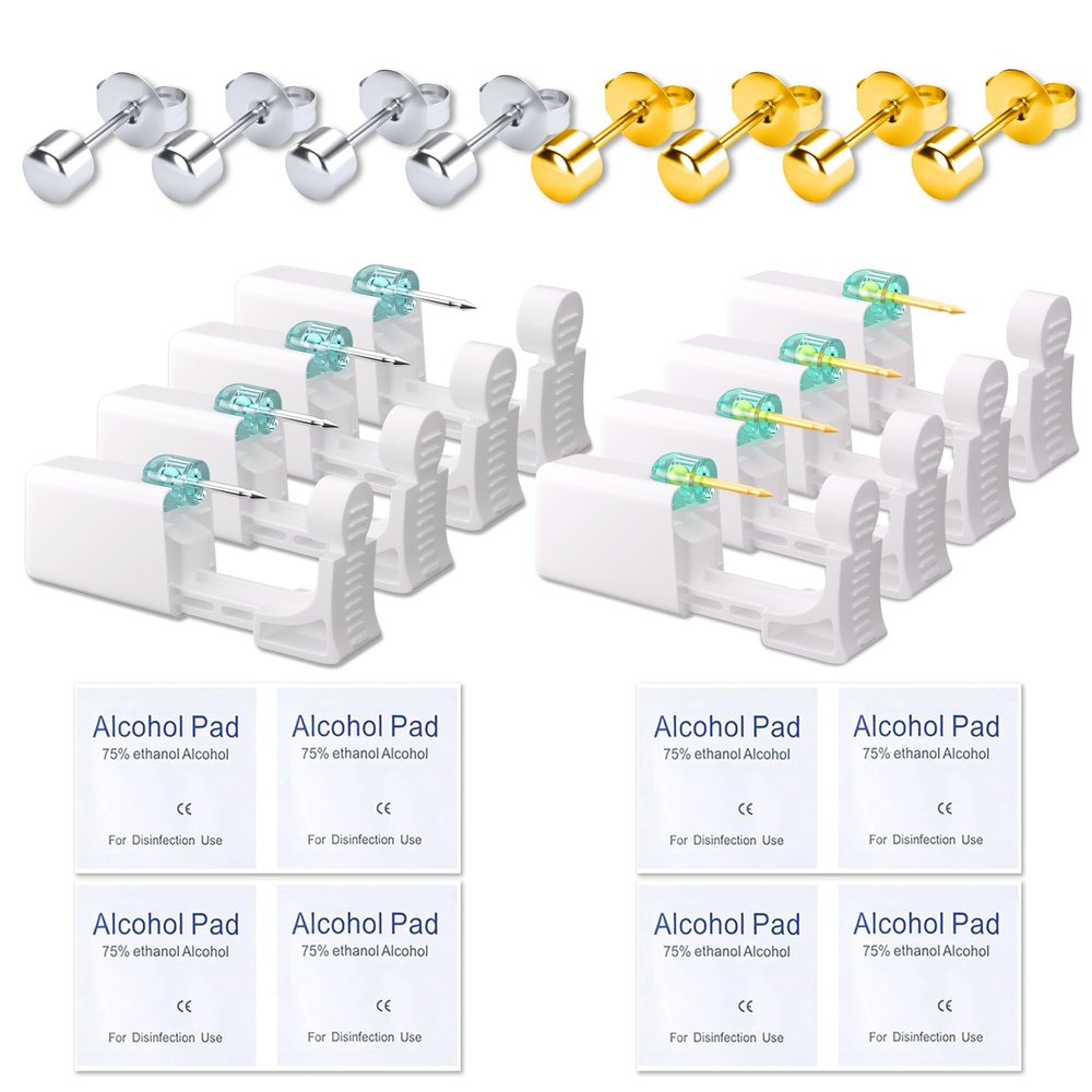 YINPAD Ear Piercing Kit, Disposable Piercing Gun Preloaded with Different Style Studs, at Home Self Piercer Kit (4 golden 4 silvery, cylinder)