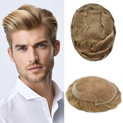 WigVivid Toupee Hair for Men Hairpiece Swiss Lace Mens Toupee Real Human Hair Replacement System for Men Bleached Knot Natural Looking 6X8#22R Light Blonde 100% Density