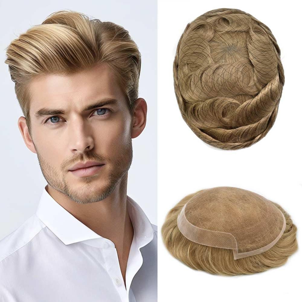 WigVivid Toupee Hair for Men Hairpiece Swiss Lace Mens Toupee Real Human Hair Replacement System for Men Bleached Knot Natural Looking 6X8#22R Light Blonde 100% Density