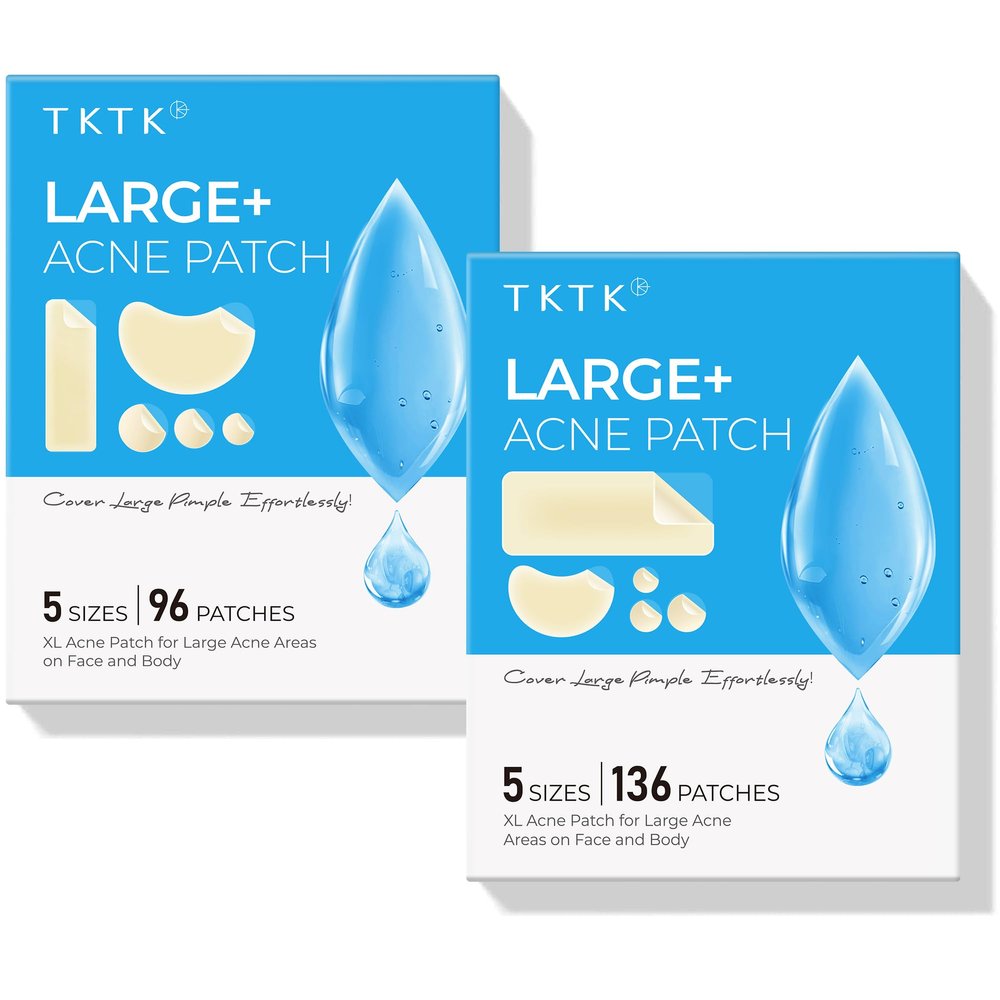 TKTK Large Pimple Patches for Face 96 Count + XL Acne Patches for Body 136 Count, 6 Sizes Pimple Patch Bulk Face & Body, Hydrocolloid Zit Breakouts