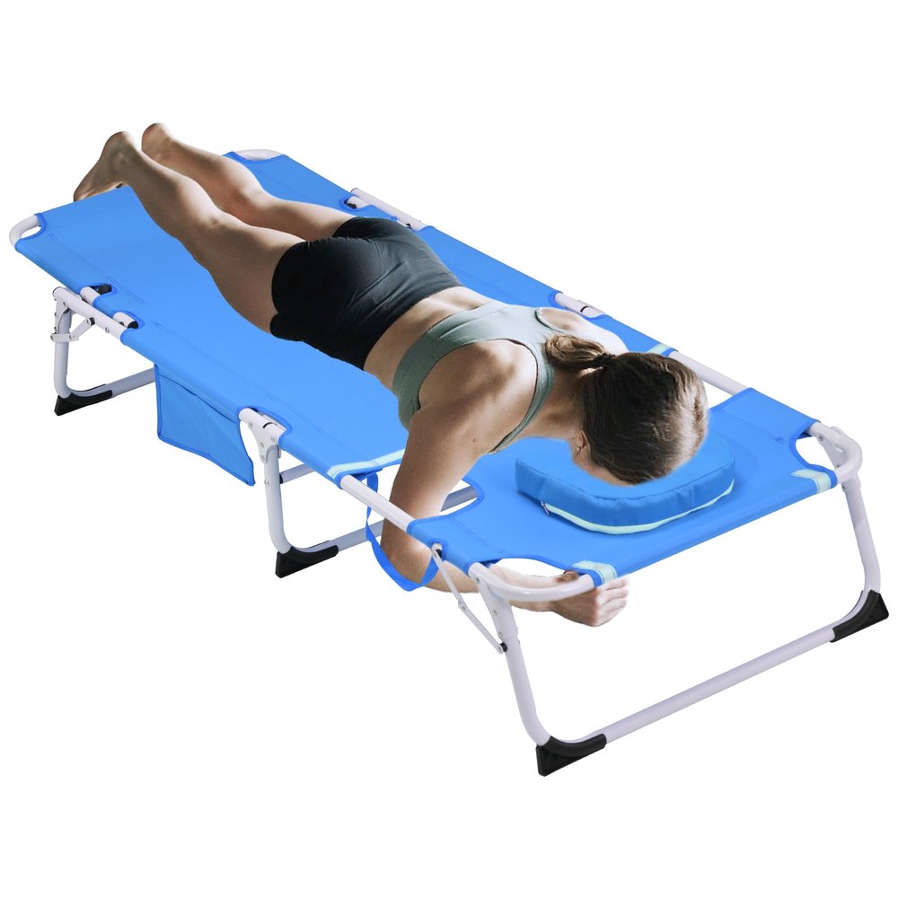 CASADEAR Tanning Chair with face and arm Holes.5-Position Adjustable (Recline/Flat), Ergonomic Back. Sturdy Frame (400lbs), Cotton pad, Removable Pillow. Fits 6.2ft, no Assembly, Easy fold,Blue