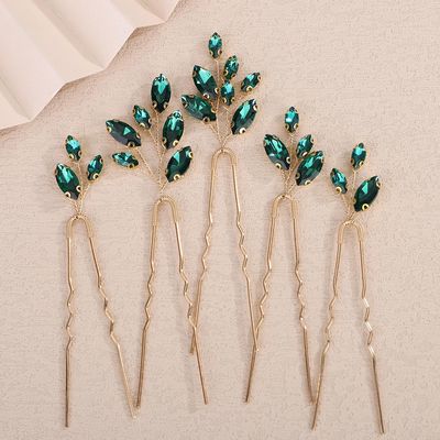 Rumtock 5pcs Green Rhinestones Beads Hair Pins Set for Wedding Brides Women Handmade Crystal Gold Hair Accessories (Green)