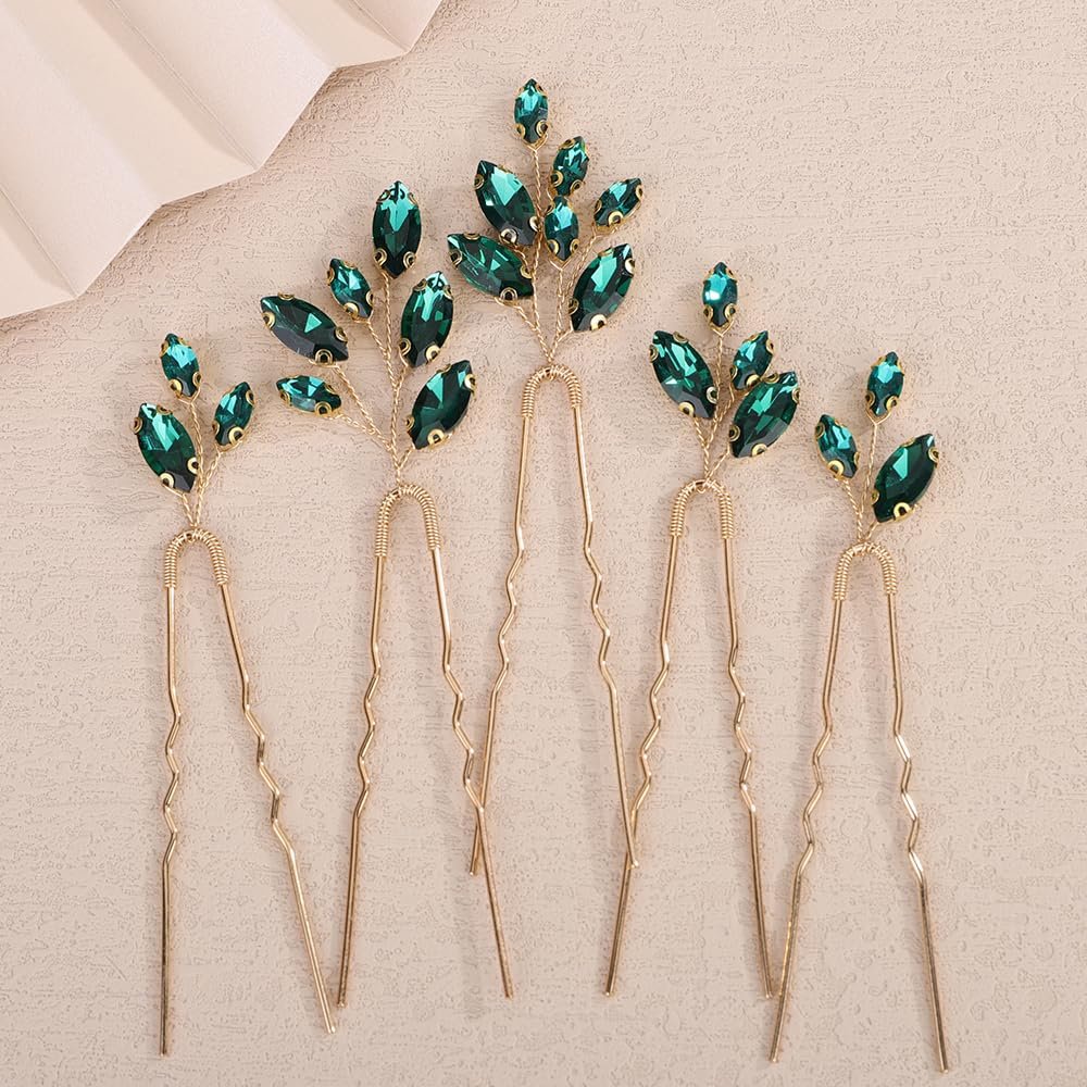 Rumtock 5pcs Green Rhinestones Beads Hair Pins Set for Wedding Brides Women Handmade Crystal Gold Hair Accessories (Green)