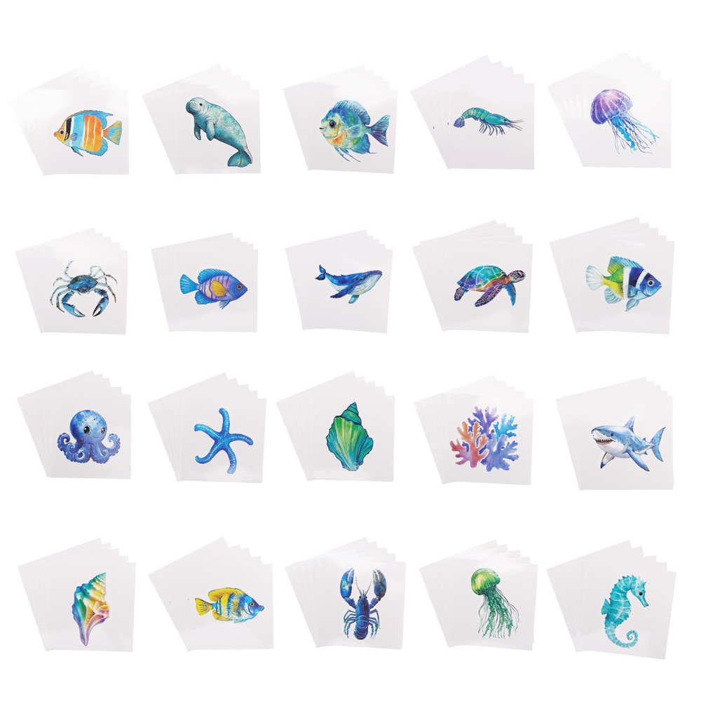 100pcs Ocean Animals Temporary Tattoos, Cute Sea Creature Tattoos Shark Fish Starfish Coral Turtles and More Ocean Birthday Party Favors Sea Animal Tattoo Stickers for Boys Girls