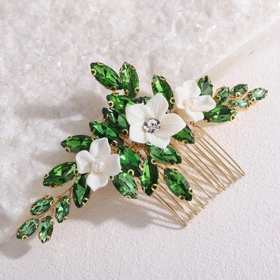 Lenjicons White Flower Green Rhinestone Hair Comb Teardrop Rhinestone Hair Comb Gold Wedding Hair Accessories Handmade Flower Rhinestones Hairpiece for Wedding Women (green)