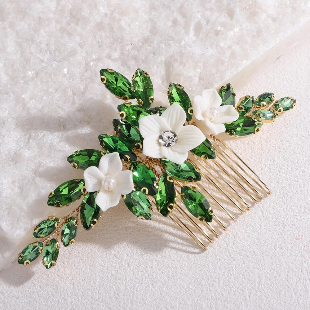 Lenjicons White Flower Green Rhinestone Hair Comb Teardrop Rhinestone Hair Comb Gold Wedding Hair Accessories Handmade Flower Rhinestones Hairpiece for Wedding Women (green)