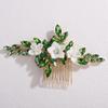 Lenjicons White Flower Green Rhinestone Hair Comb Teardrop Rhinestone Hair Comb Gold Wedding Hair Accessories Handmade Flower Rhinestones Hairpiece for Wedding Women (green) view 2