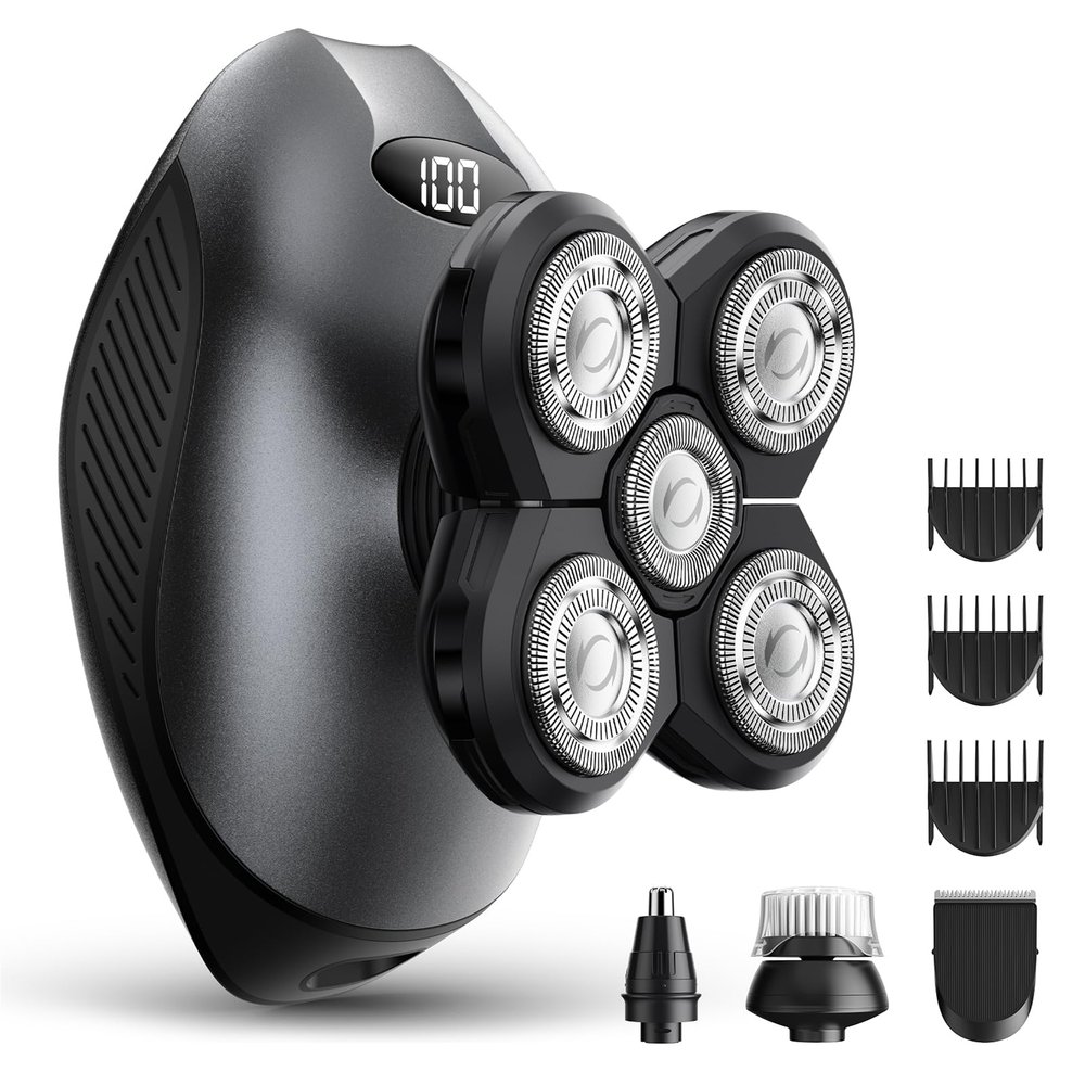 Electric Razor for Men, 5-in-1 Multi-Function Electric Shavers for Men, IPX7 Waterproof Bald Head Shaver with LED Display, Rechargeable Beard Trimmer Body Hair Trimmer, Ideal Gifts for Husband (Black)
