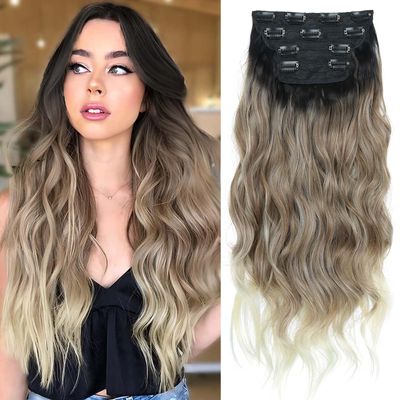 20 Inch Clip in Hair Extensions 4PCS Long Wavy Curly Hair Extensions Thick Hairpieces for Women Synthetic Hair Extension Clip ins Double Weft Hairpieces Full Head for Women (T27/613, 20INCH)