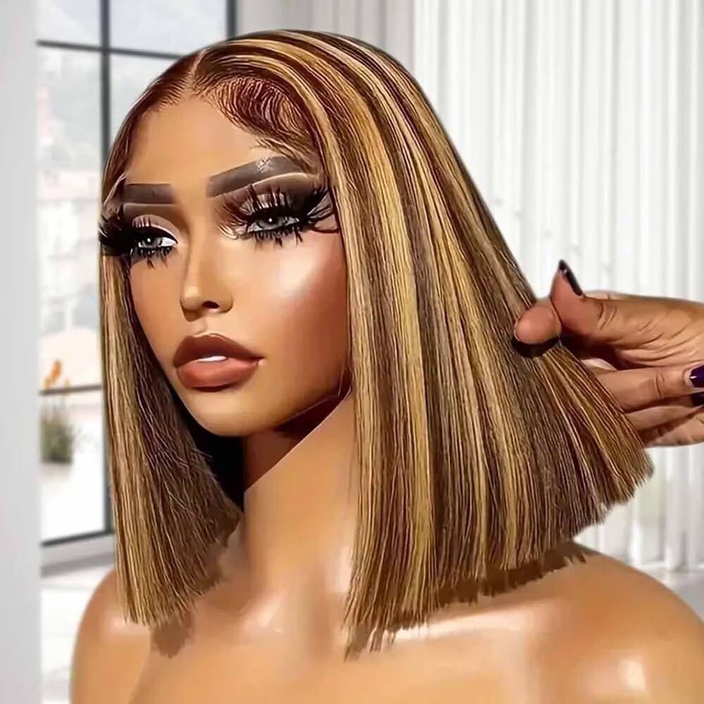 13x4 Straight 4/27 Brown Blonde Color Bob Lace Wig 150% Density For Women Transparent Lace Human Hair Frontal Short Wig Pre Plucked 12Inch