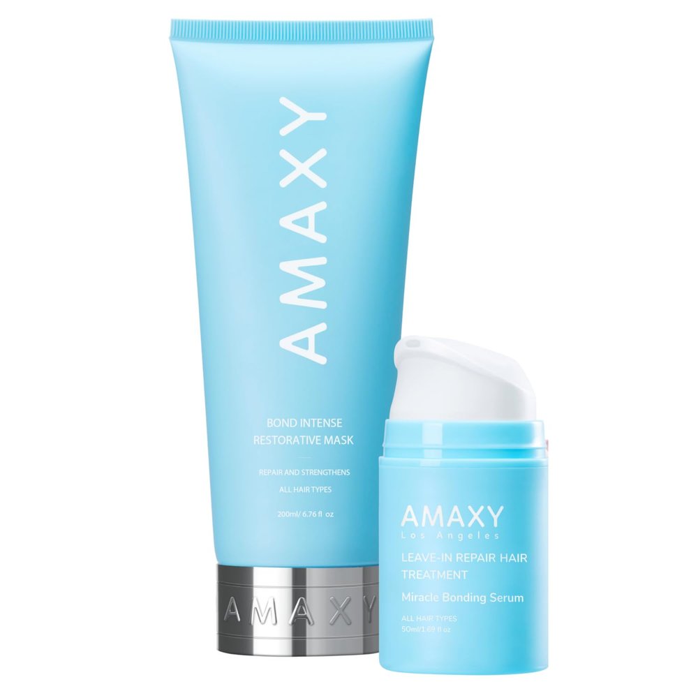 AMAXY Miracle Bonding Serum & Bond Intense Restorative Hair Mask Bundle Leave-in Hair Treatment & Deep Conditioning Mask for Dry, Damaged Hair Frizz Control, Heat Protection, Repair Split Ends S