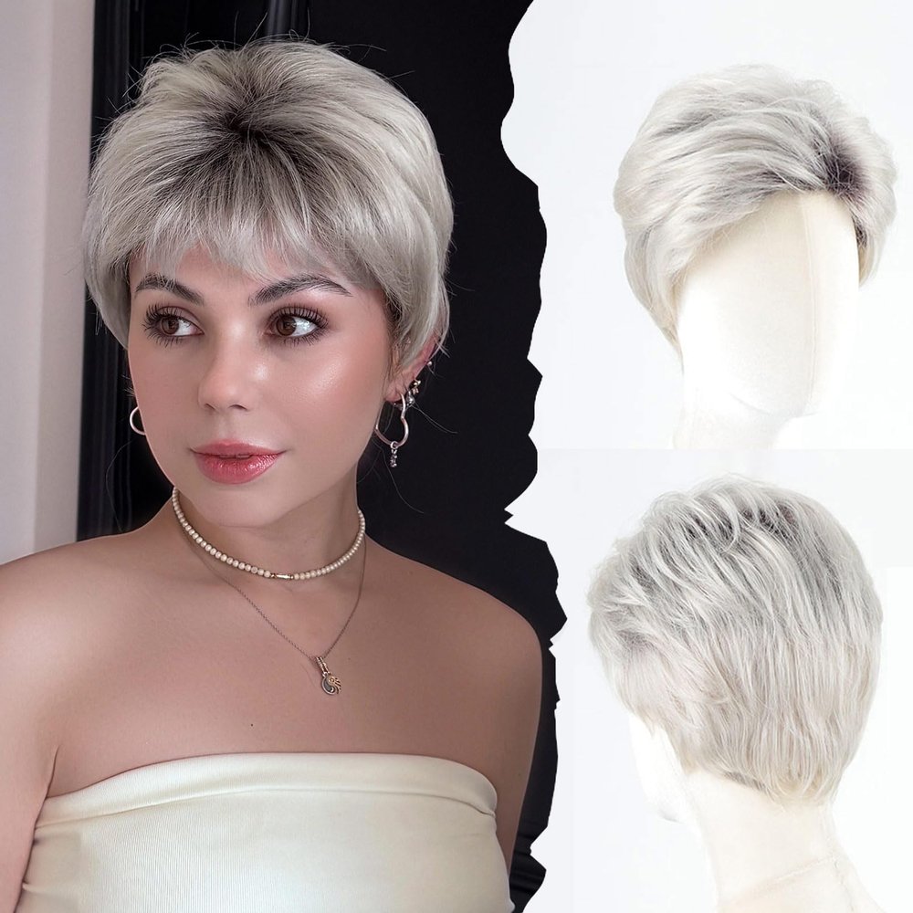 WIGYY Short Pixie Cut Wig for White Women Glueless Synthetic Wig with Bangs, Sliver Grey, Natural Look, Lightweight Heat-Resistant Protein Fiber Daily Wigs