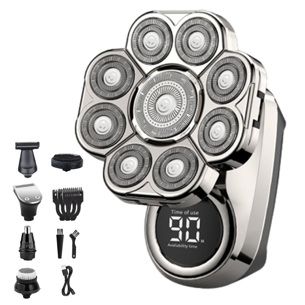 9.0 Pro Head Shaver, 9D Floating Blade Heads, Intelligent LED Display IPX7 Waterproof Wet Dry Shaving, Rechargeable Cordless Razor (1 Set Silver)