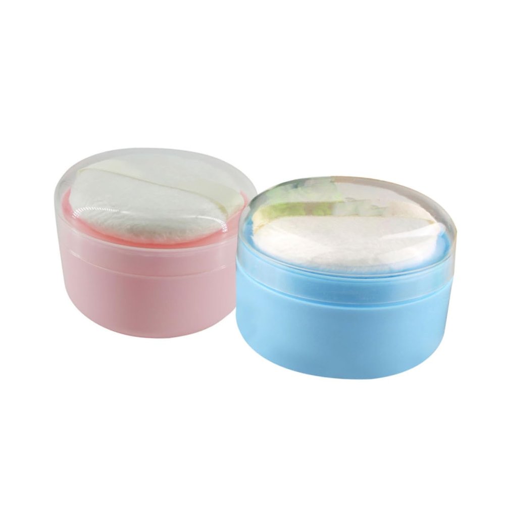 VICASKY 2pcs Portable Talcum Powder Puff Case with Dividers for Boy Girl Adorable Body Powder Storage Box Blue Pink for Travel and Home Use