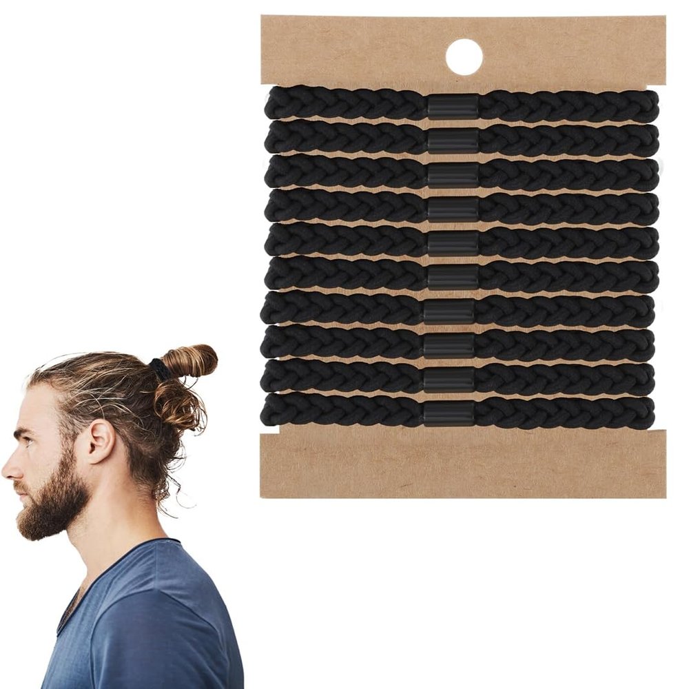 10 Pcs Men's Hair Ties, Hair Ties for Guys & Women, Braided Elastic Coils for Thick & Curly Hairs, man Bun Hairs Tie, Black (Long Lasting & Reusable)