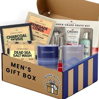 Gift Box for Men with Premium Shaving Kit, Stainless Steel Travel Mugs & Handmade Soap Grooming & Self-Care Gift Set for Him