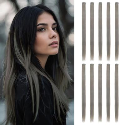 10 Pcs Colored Clip in Hair Extensions Gray Brown 22 Inch Straight Hairpieces Clip Highlight in Synthetic Hair for Women Girls Halloween Role Play Christmas Party(Gray Brown)