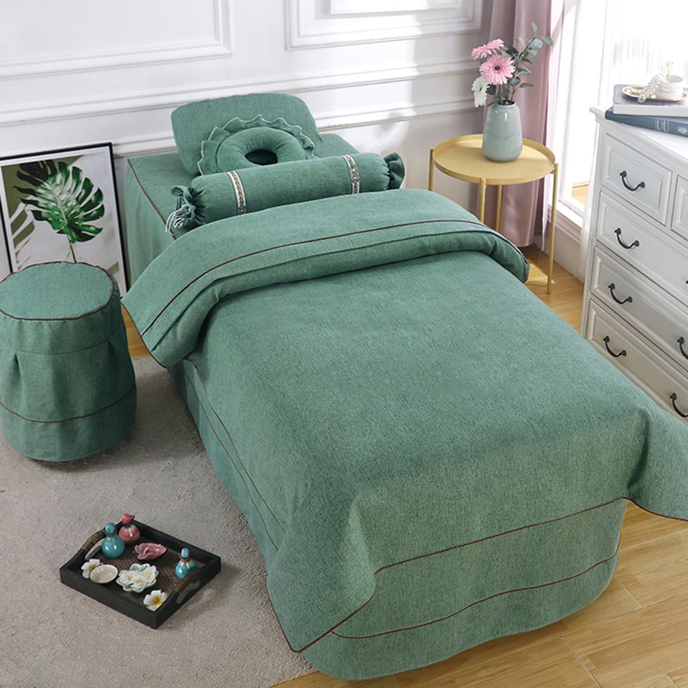 Green1,70x190cm/27.5x74.8in,Linen Massage Table Cover with Face Hole,Elastic Massage Bed Cover Washable Large Beauty Massage Couch Cover Suitable for Salons SPA and Therapist