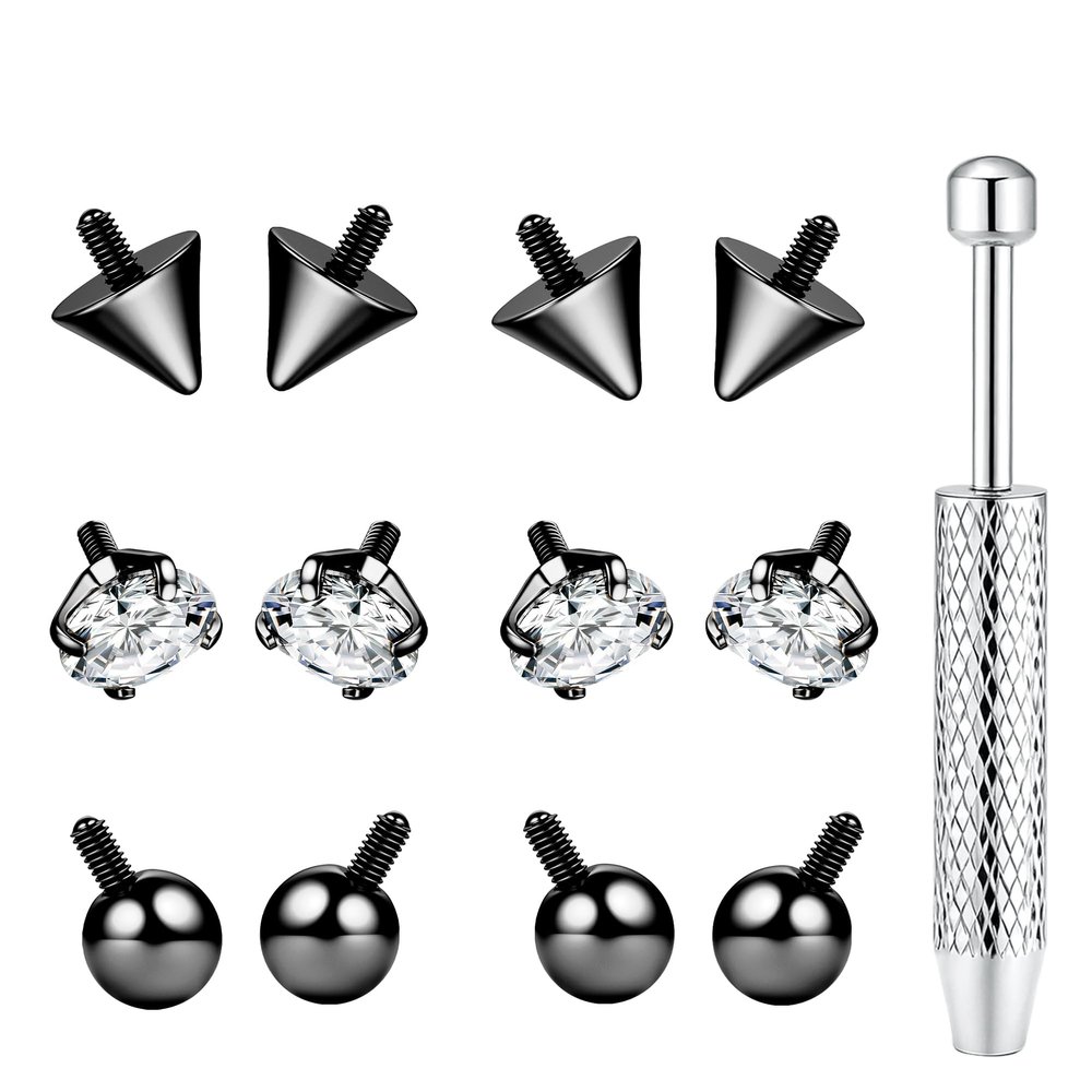 BodyBonita 12Pcs G23 Titanium Replacement Balls Spikes for Piercings - Piercing Ball Grabber Tool for Changing Jewelry Pick Up Grabber Tool Screw On Septum Balls Spikes Removal Black