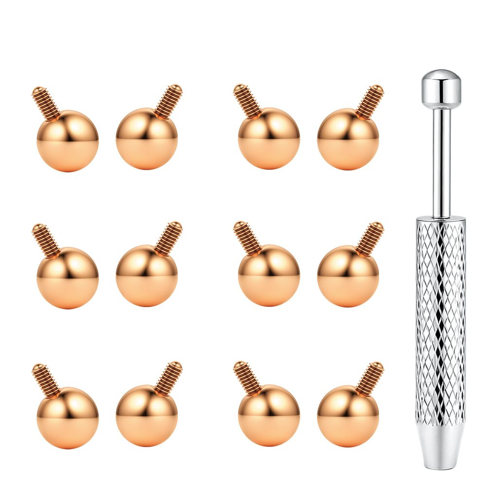 BodyBonita 12Pcs G23 Titanium Replacement Balls for Piercings - Piercing Ball Grabber Tool for Changing Jewelry Pick Up Grabber Tool Screw On Septum Balls Removal Rose Gold Plated