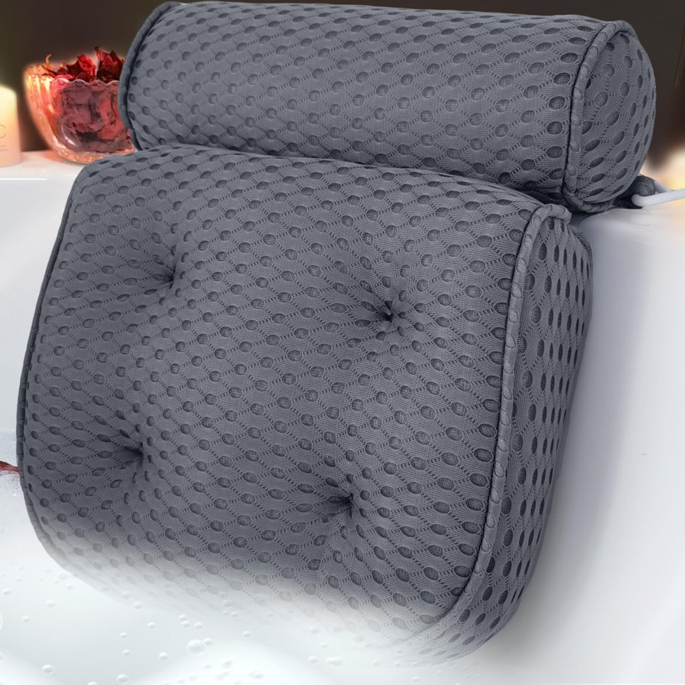 AEROiVi Luxury Bath Pillows for TubBath Pillow Bathtub Pillows for Head and Neck Support Bath Cushion Made from Soft Spacer Mesh Material with Suction Cups,Gray