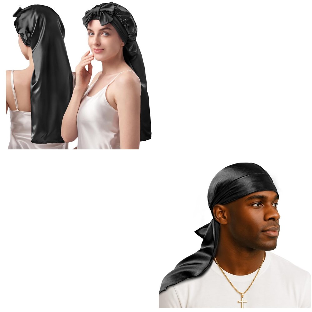1 PC 100% Mulberry Silk Bonnet+1 PC Black 100% 22 Mulberry Silk Durags
