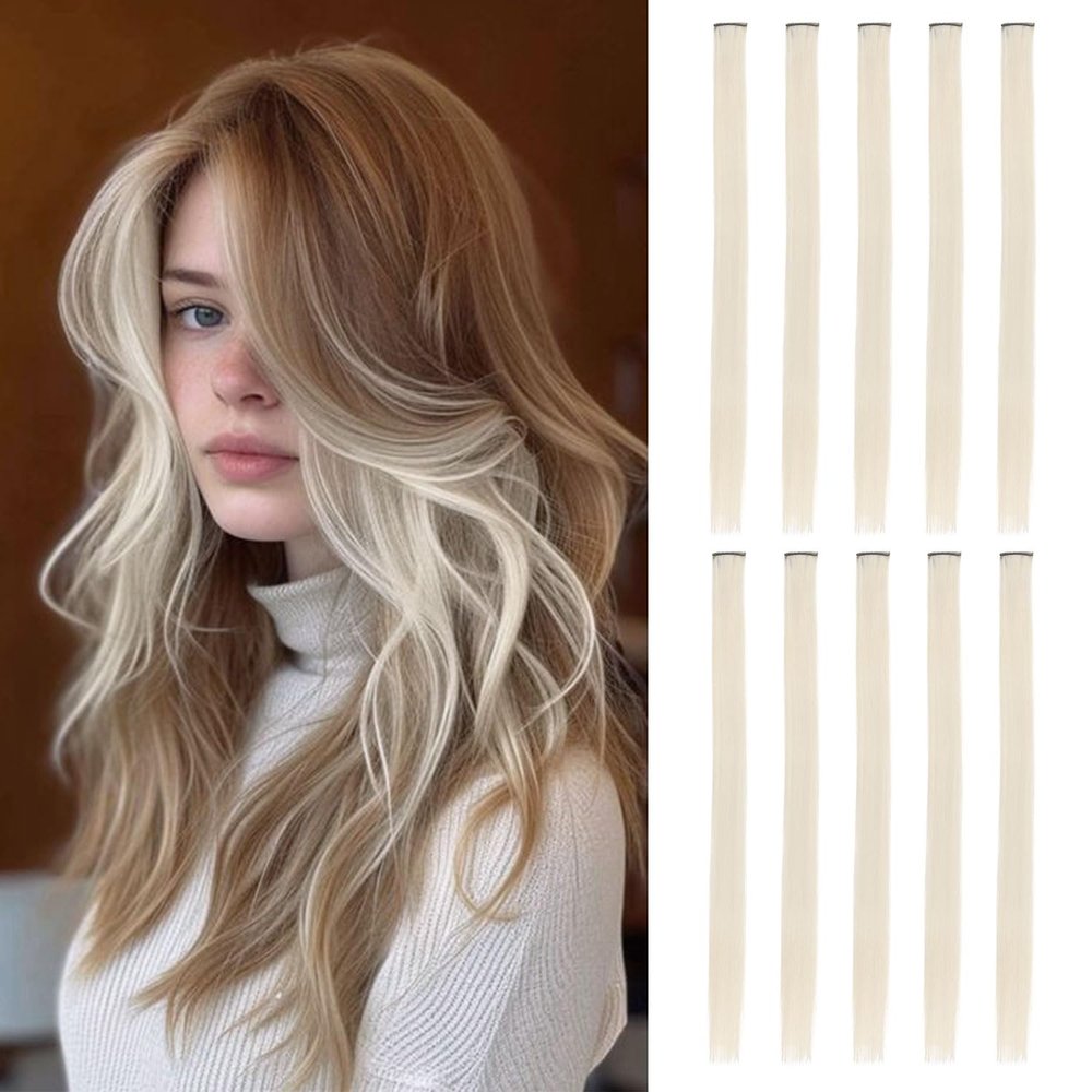 10 Pcs Off White Clip in Hair Extensions Highlights 22 Inch Straight Hairpieces Colored Clip in Hair Extensions in Synthetic for Women Girls Gifts Halloween Christmas Party(Off White)