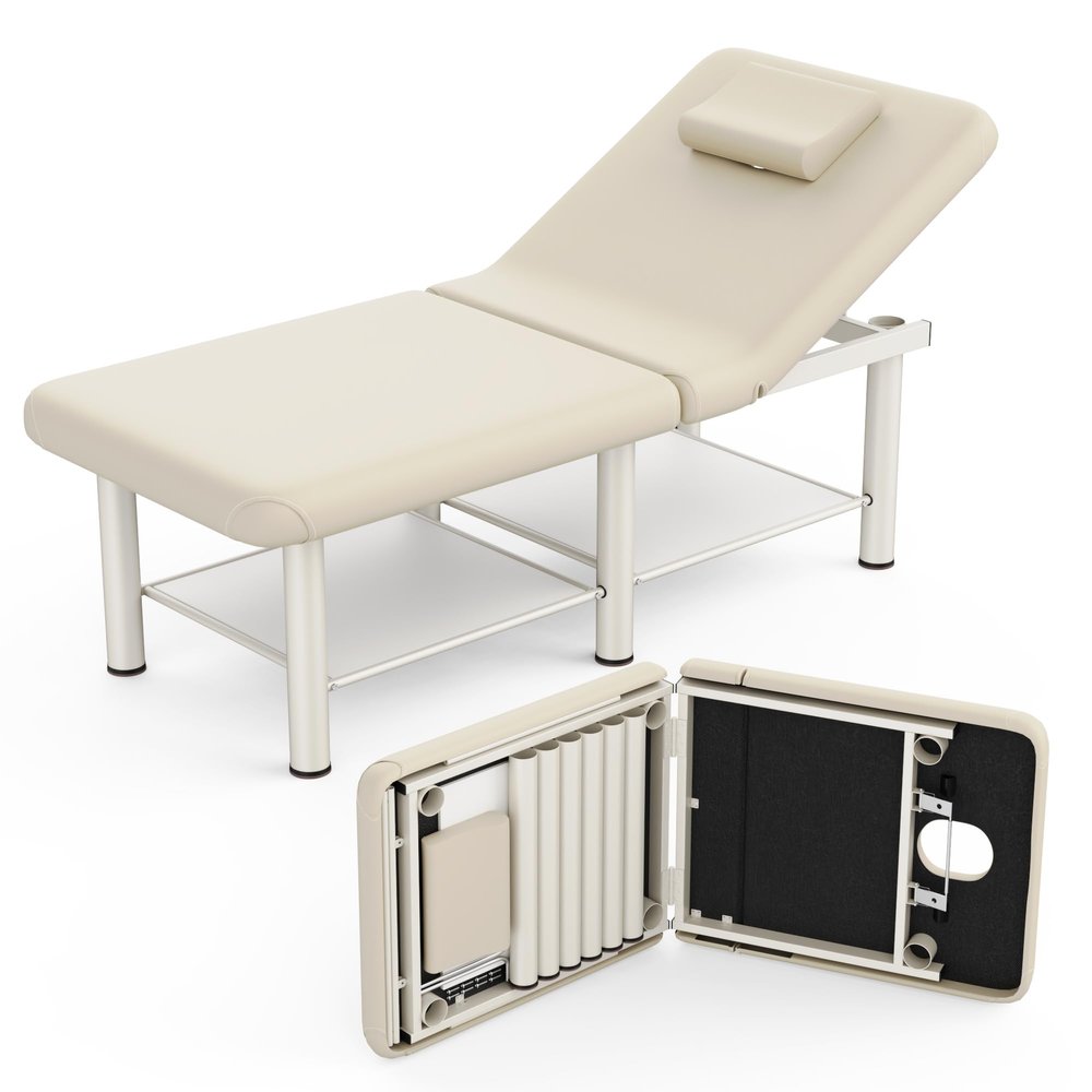 pouseayar 30.5'' Wide 75'' Long Stationary Massage Table Folding Bed with Backrest for Treatment Table Physical Therapy Table Spa Facial Bed, Metal Frame PU Leather - Beige Gray