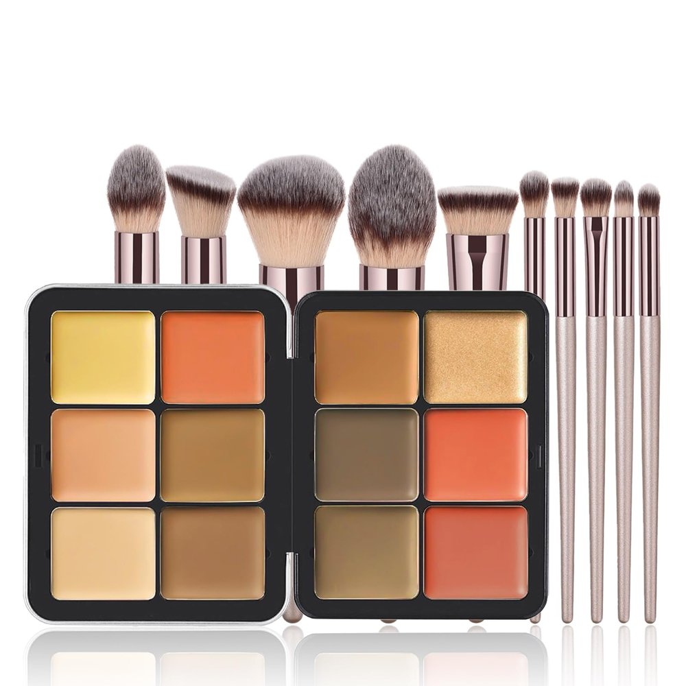 JasCherry Makeup Kit, 12 Colors Vegan Eyeshadow Concealer Palette with 10 Professional Champagne Gold Makeup Brushes Set, Cruelty-Free, Gift Set for Women, Teens, Beginners(A)