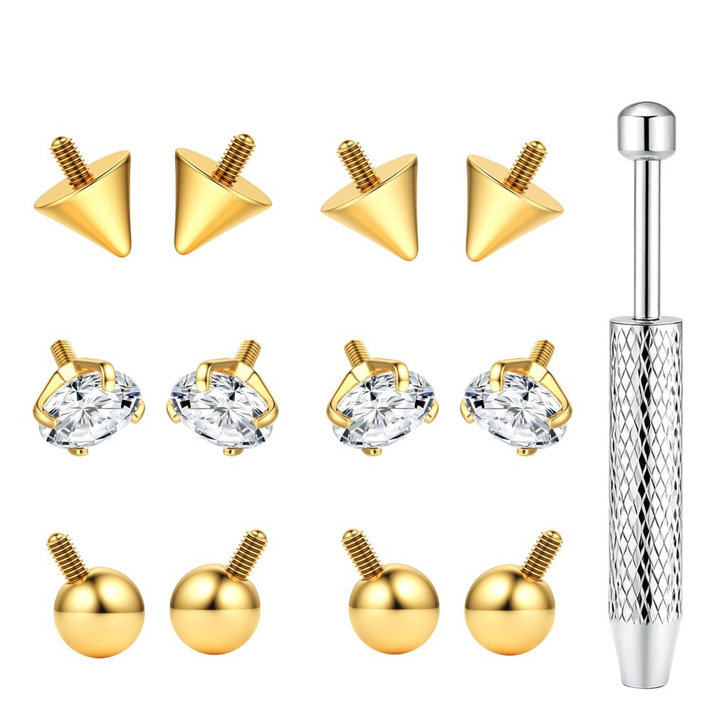 BodyBonita 12Pcs G23 Titanium Replacement Balls Spikes for Piercings - Piercing Ball Grabber Tool for Changing Jewelry Pick Up Grabber Tool Screw On Septum Balls Spikes Removal Gold Plated