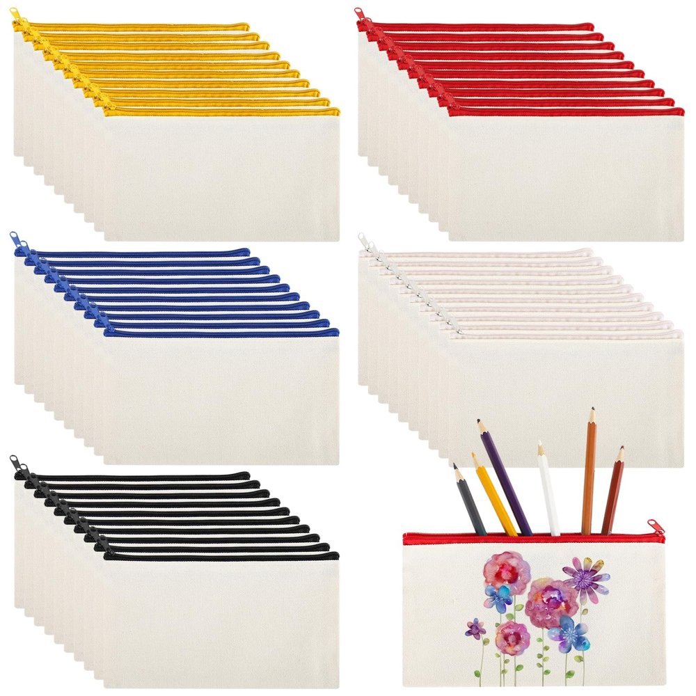 50 Canvas Zipper Pouches, Blank Diy Makeup Bags, 8.1 X 4.7 In Travel Toiletry Bags For Storage, Crafts & Essentials