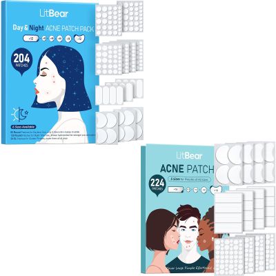 LitBear Acne Pimple Patches, 8 Sizes 428 Patches Hydrocolloid Face & Body Zit Stickers, XL Contoured Strips for Large Breakouts, Thin/Thick Dots with Tea Tree, Witch Hazel & Calendula Oil
