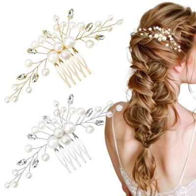 2 PACK Wedding Bride Pearl Hair Side Comb, Rhinestone Bridal Crystal Hair Accessories for Women Girls (Gold+Silver)