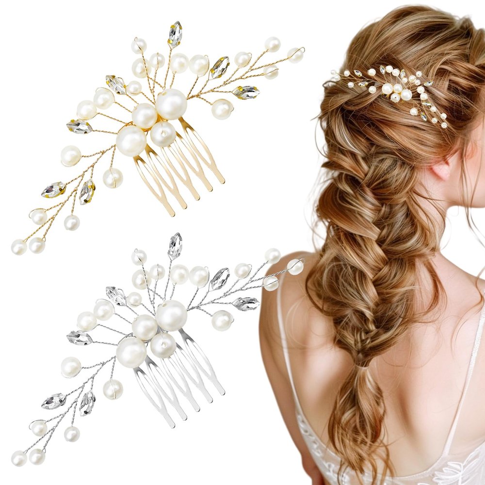 2 PACK Wedding Bride Pearl Hair Side Comb, Rhinestone Bridal Crystal Hair Accessories for Women Girls (Gold+Silver)