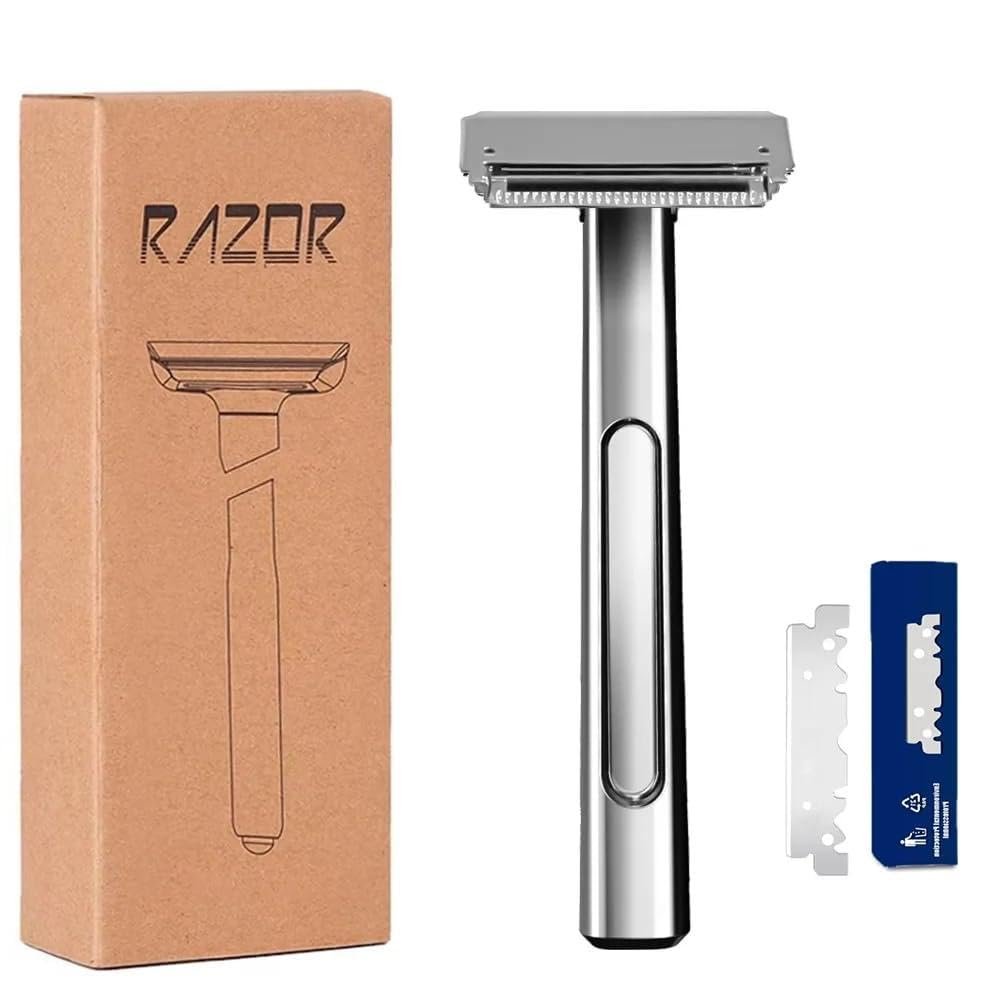 Interchangeable Blade Double Razor All-Metal Shaver For Women And Men With 10 Stainless Steel Single-Edge Blades (Silver)