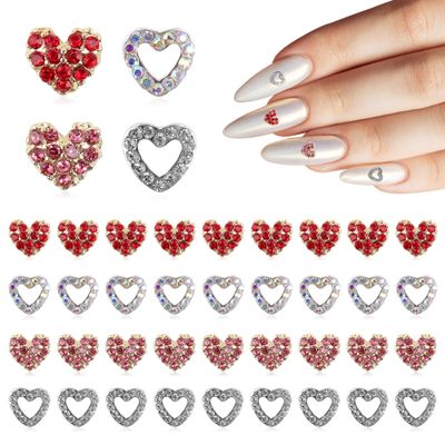 40Pcs Valentine's Day Heart Charms for Nails, 3D Love Hearts Valentines Nail Charms Gems Chrome Heart Nail Charms Flat Back Rhinestones Shiny Nails Jewels Charms for Women Girls DIY Decoration