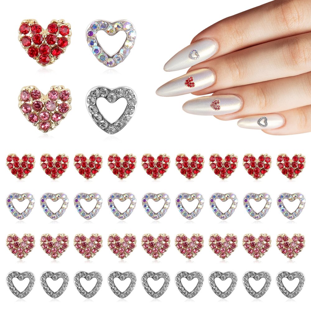 40Pcs Valentine's Day Heart Charms for Nails, 3D Love Hearts Valentines Nail Charms Gems Chrome Heart Nail Charms Flat Back Rhinestones Shiny Nails Jewels Charms for Women Girls DIY Decoration