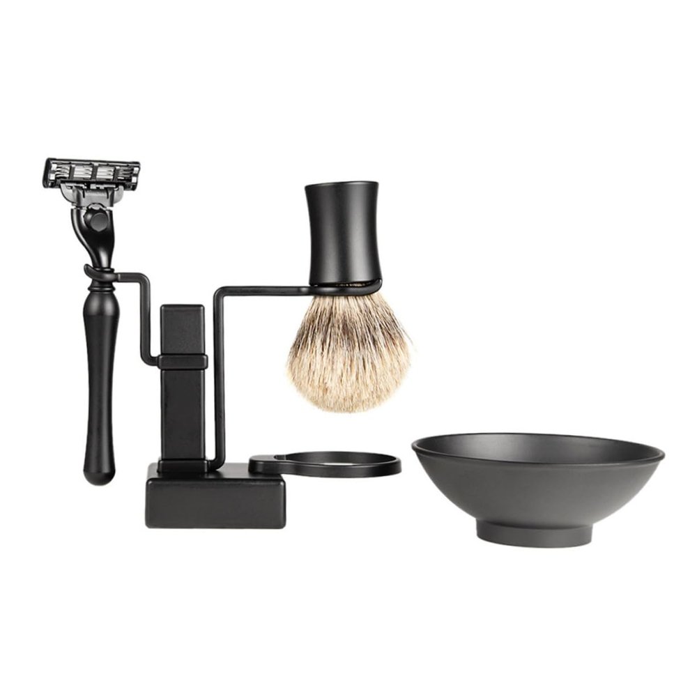 AUTSUPPL 2Pcs Black Shaving Bowl Set with Metal Brush Holder Stand Durable Shaving Accessories for Men for Organizing Razor and Brush the Bathroom