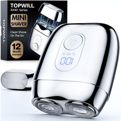 All-Metal Mini Electric Shaver for Men  Portable Travel Razor with Mirror Cap, Smooth & Close Shave, LED Display, USB-C Fast Charge, Wet/Dry Waterproof  RX40 Silver